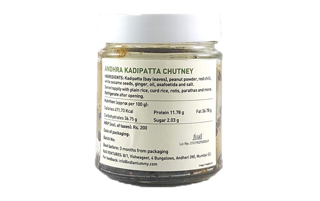 Indian Tummy Andhra Kadipatta Chutney    Glass Jar  100 grams